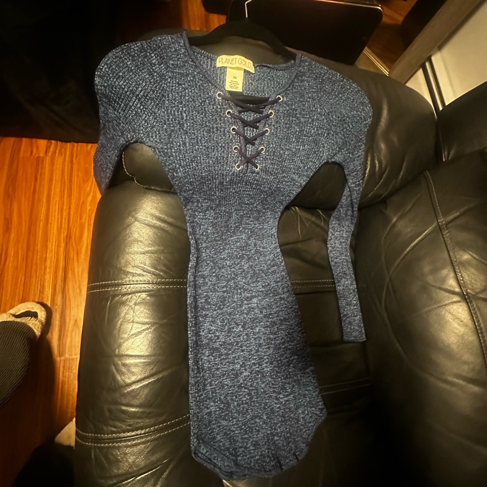 Blue Knit Lace-Up Sweater Dress